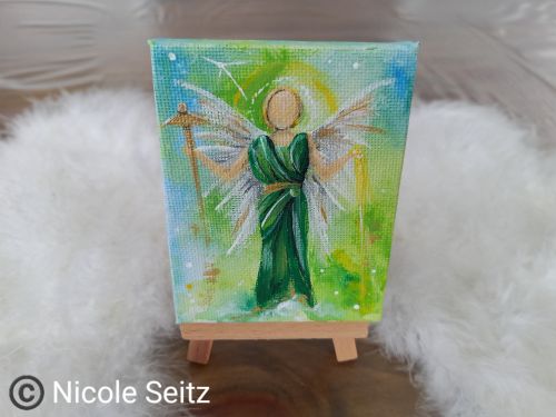 Engel auf Mini-Leinwand * 7 x 9 cm * mit Staffelei - Erzengel Raphael * Heilung
