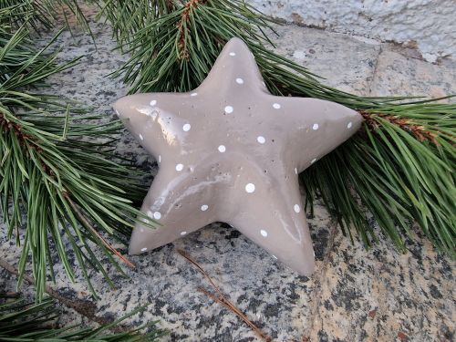 Terrakotta-Stern * Beige-Weiß * 14 x 6 cm * Pünktchen * Advent Weihnachten